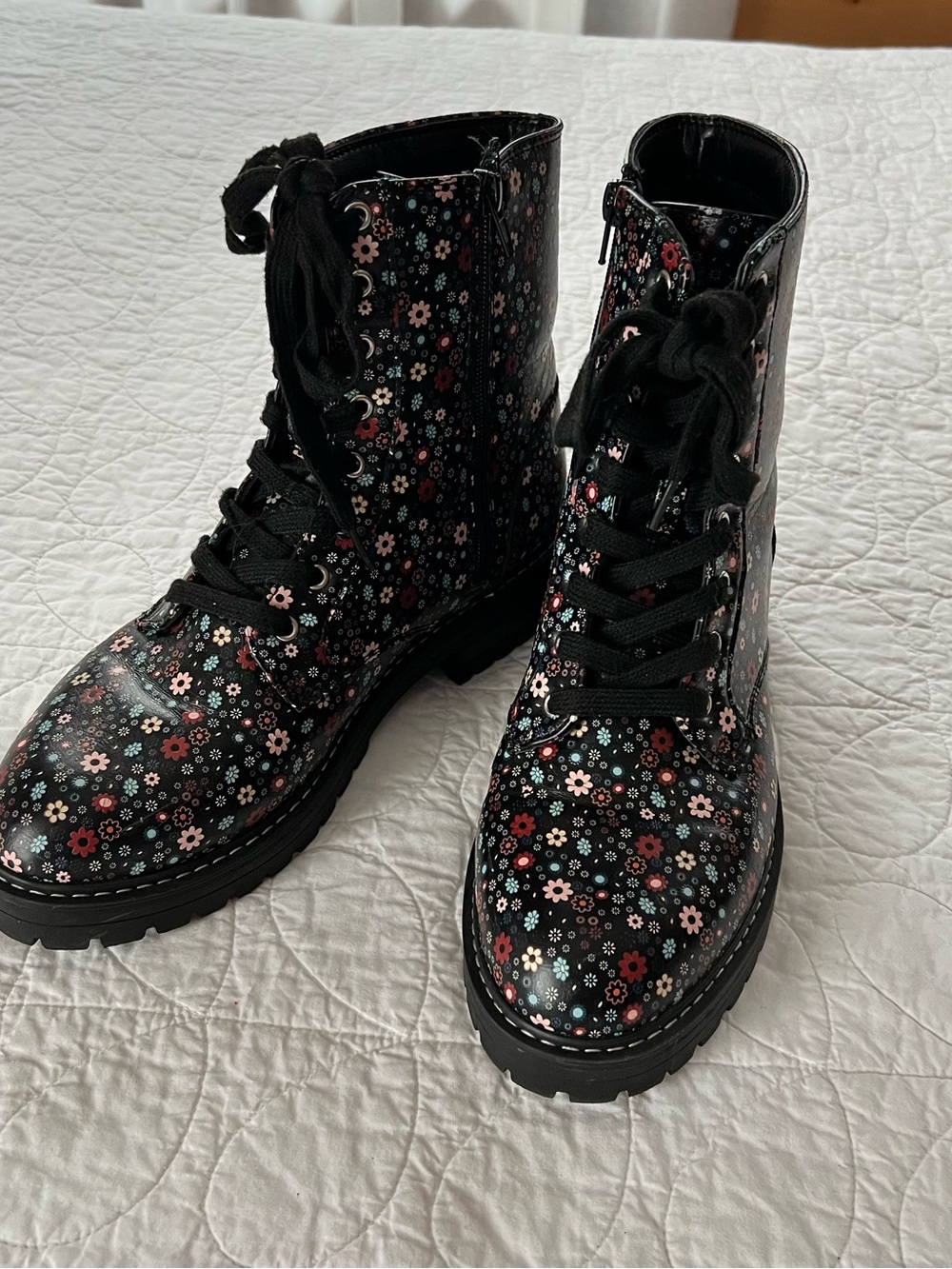 Sugar Black Floral Lace-Up Combat Boots Moto Edgy Femme Cute Whimsical Gorpcore
